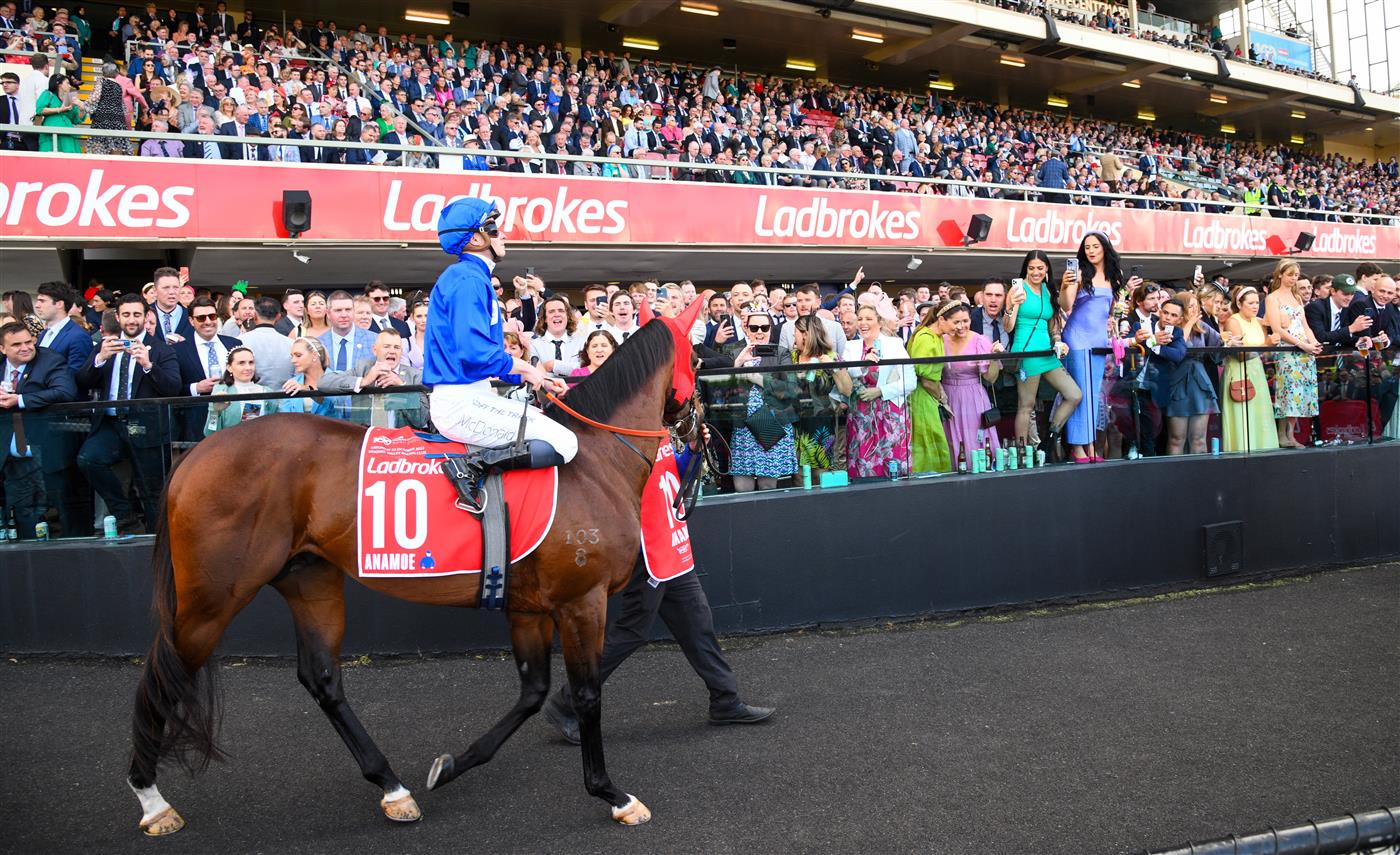 MELBOURNE, AUSTRALIA - OCTOBER 22: James McDonald riding Anamoe parades before winning Race 9, the Ladbrokes Cox Plate,  during Cox Plate Day at Moonee Valley Racecourse on October 22, 2022 in Melbourne, Australia. (Photo by Vince Caligiuri/Getty Images)