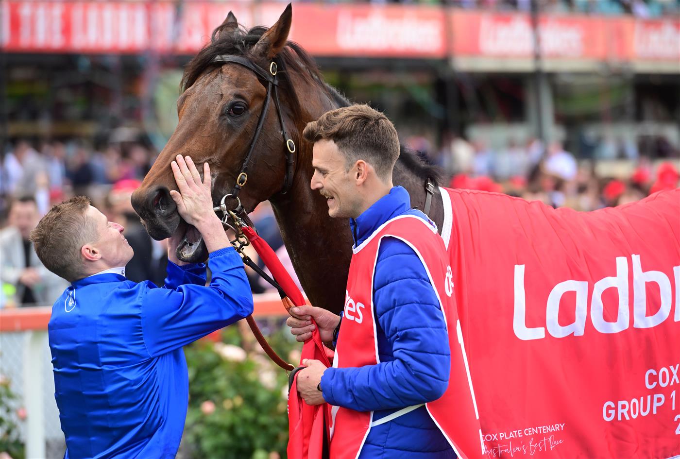 MELBOURNE, AUSTRALIA - OCTOBER 22: James McDonald poses with  Anamoe after winning Race 9, the Ladbrokes Cox Plate,  during Cox Plate Day at Moonee Valley Racecourse on October 22, 2022 in Melbourne, Australia. (Photo by Vince Caligiuri/Getty Images)
