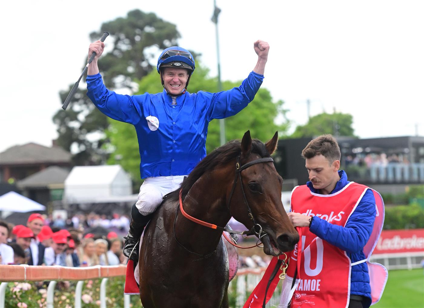 MELBOURNE, AUSTRALIA - OCTOBER 22: James McDonald riding Anamoe reacts after defeating Mark Zahra riding I