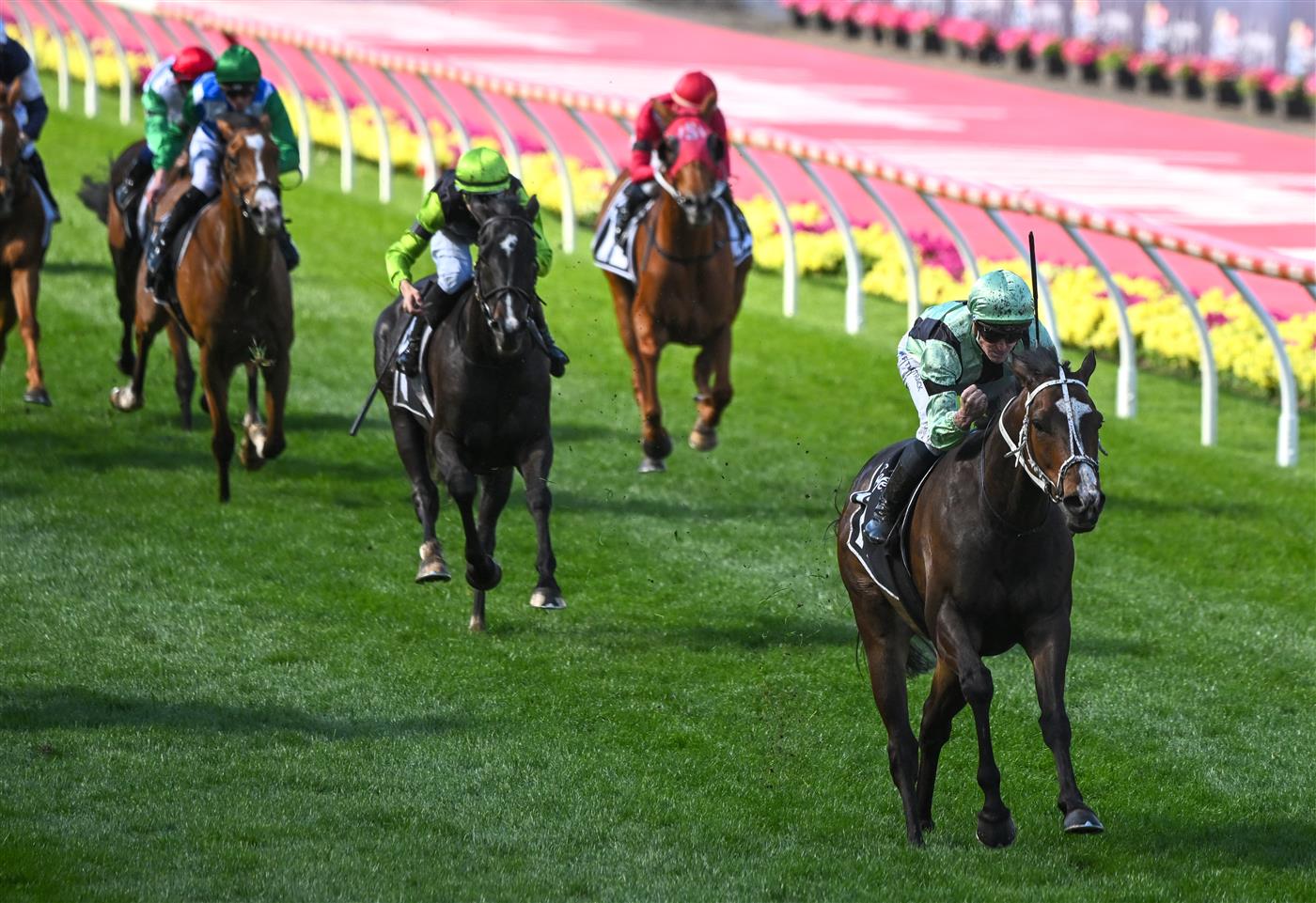 MELBOURNE, AUSTRALIA - OCTOBER 22: James McDonald riding Francesco Guardi winning Race 8, the Mccafe Moonee Valley Gold Cup,  during Cox Plate Day at Moonee Valley Racecourse on October 22, 2022 in Melbourne, Australia. (Photo by Vince Caligiuri/Getty Images)