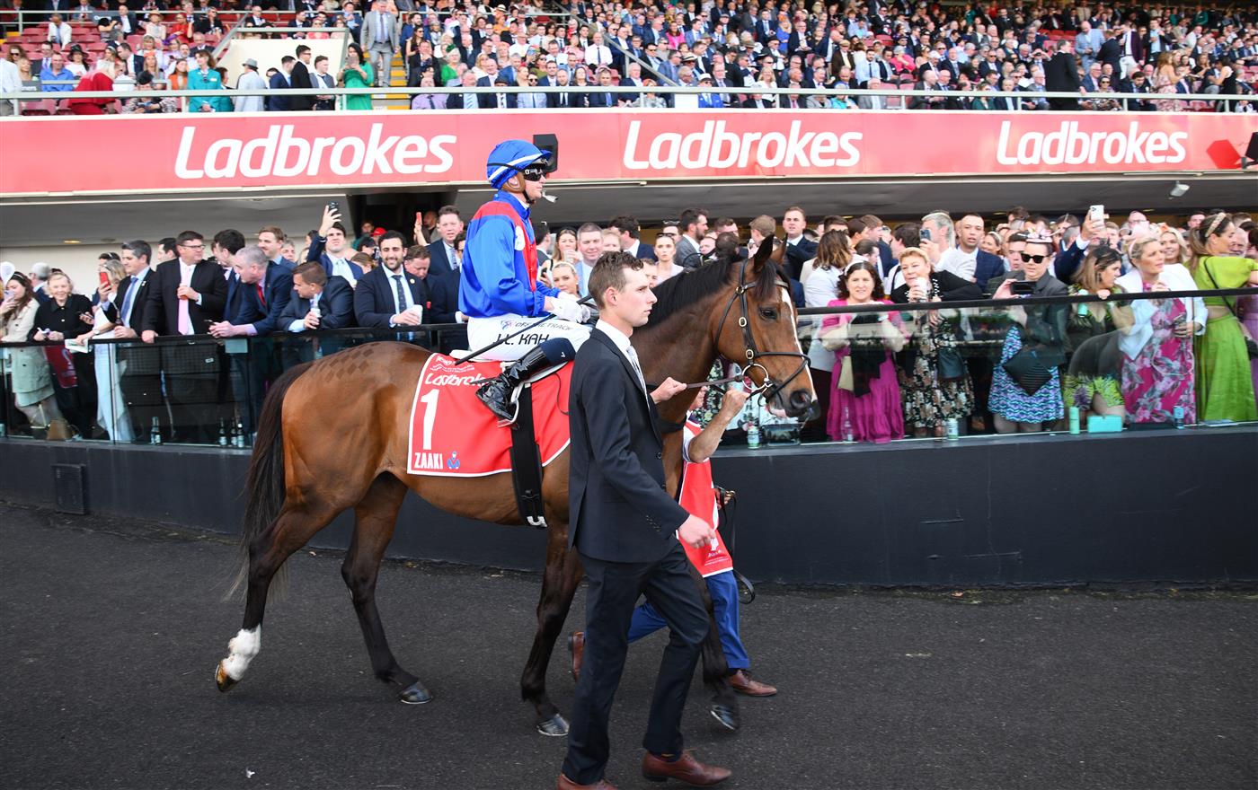 MELBOURNE, AUSTRALIA - OCTOBER 22:  Jamie Kah riding Zaaki parades before Race 9, the Ladbrokes Cox Plate,  during Cox Plate Day at Moonee Valley Racecourse on October 22, 2022 in Melbourne, Australia. (Photo by Vince Caligiuri/Getty Images)