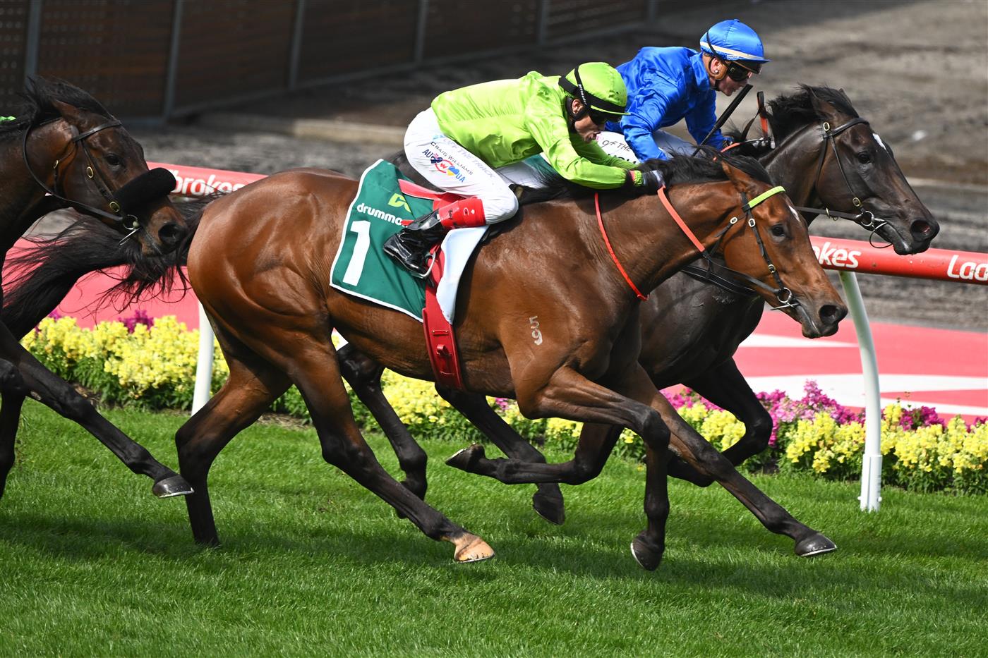 MELBOURNE, AUSTRALIA - OCTOBER 22: Craig Williams riding Berkeley Square defeats Jamie Kah riding Pericles winning  Race 7, the Drummond Golf Vase, during Cox Plate Day at Moonee Valley Racecourse on October 22, 2022 in Melbourne, Australia. (Photo by Vince Caligiuri/Getty Images)