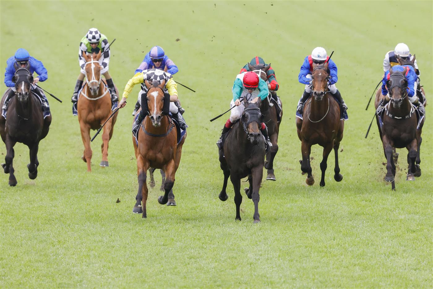 SYDNEY, AUSTRALIA - OCTOBER 22: Regan Bayliss (red cap) on Diamil wins race 5 the Vale Beryl White Filante Handicap during Spring Champions Stakes Day at Royal Randwick Racecourse on October 22, 2022 in Sydney, Australia. (Photo by Jenny Evans/Getty Images)