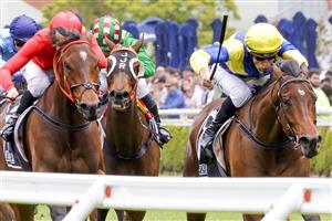 SYDNEY, AUSTRALIA - OCTOBER 22: Blake Shinn (Yellow)on Mahogony wins race 4 the Egroup Protective Services Handicap during Spring Champions Stakes Day at Royal Randwick Racecourse on October 22, 2022 in Sydney, Australia. (Photo by Jenny Evans/Getty Images)