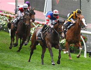 MELBOURNE, AUSTRALIA - OCTOBER 22: Jamie Kah riding Sejardan winning Race 3, the Sharp Extensive It Red Anchor Stakes, during Cox Plate Day at Moonee Valley Racecourse on October 22, 2022 in Melbourne, Australia. (Photo by Vince Caligiuri/Getty Images)