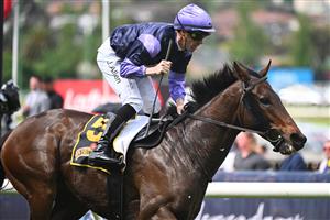 MELBOURNE, AUSTRALIA - OCTOBER 22: John Allen riding My Oberon winning Race 6, the Schweppes Crystal Mile, during Cox Plate Day at Moonee Valley Racecourse on October 22, 2022 in Melbourne, Australia. (Photo by Vince Caligiuri/Getty Images)