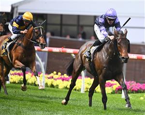 MELBOURNE, AUSTRALIA - OCTOBER 22: John Allen riding My Oberon winning Race 6, the Schweppes Crystal Mile, during Cox Plate Day at Moonee Valley Racecourse on October 22, 2022 in Melbourne, Australia. (Photo by Vince Caligiuri/Getty Images)