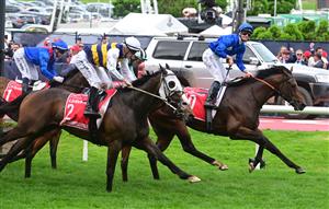 MELBOURNE, AUSTRALIA - OCTOBER 22: James McDonald riding Anamoe reacts after defeating Mark Zahra riding I