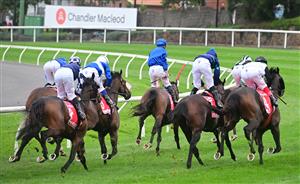 MELBOURNE, AUSTRALIA - OCTOBER 22: James McDonald riding Anamoe defeating Mark Zahra riding I