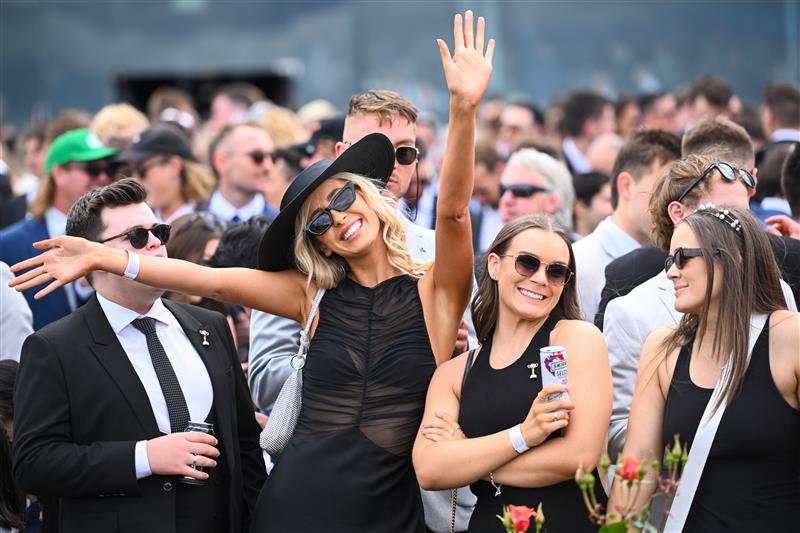 MELBOURNE, AUSTRALIA - OCTOBER 29: General view of racegoers before Race 4, the Racing And Sports Wakeful Stakes, during 2022 Penfolds Victoria Derby Day at Flemington Racecourse on October 29, 2022 in Melbourne, Australia. (Photo by Vince Caligiuri/Getty Images)