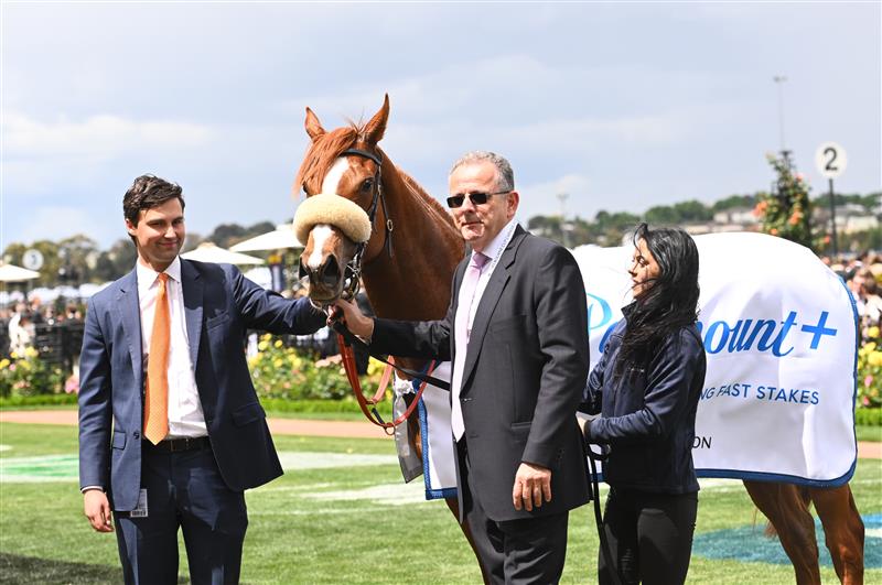 MELBOURNE, AUSTRALIA - OCTOBER 29: Trainer Sam Freedman poses with owner John Camilleri after Argentia won Race 3, the Paramount+ Rising Fast Stakes, during 2022 Penfolds Victoria Derby Day at Flemington Racecourse on October 29, 2022 in Melbourne, Australia. (Photo by Vince Caligiuri/Getty Images)