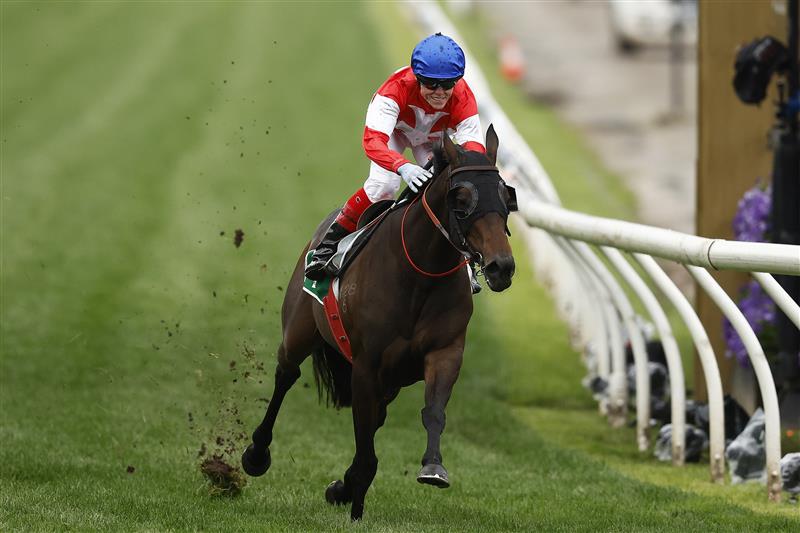MELBOURNE, AUSTRALIA - OCTOBER 29:  Craig WIlliams rides #1 Icebath to win race eight the TAB Empire Rose Stakes during 2022 Penfolds Victoria Derby Day at Flemington Racecourse on October 29, 2022 in Melbourne, Australia. (Photo by Daniel Pockett/Getty Images)