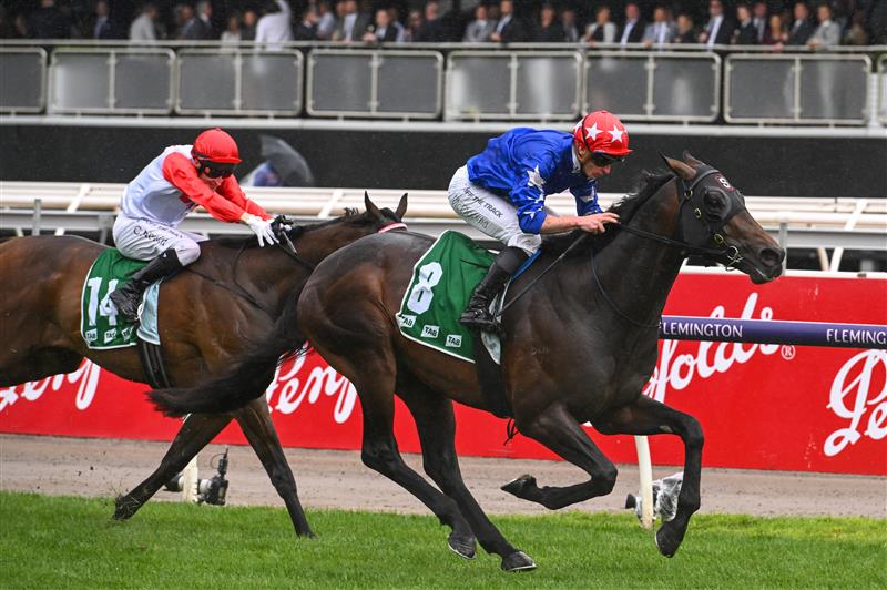 MELBOURNE, AUSTRALIA - OCTOBER 29: James McDonald riding Old Flame winning Race 5, the Tab Linlithgow Stakes,  during 2022 Penfolds Victoria Derby Day at Flemington Racecourse on October 29, 2022 in Melbourne, Australia. (Photo by Vince Caligiuri/Getty Images)