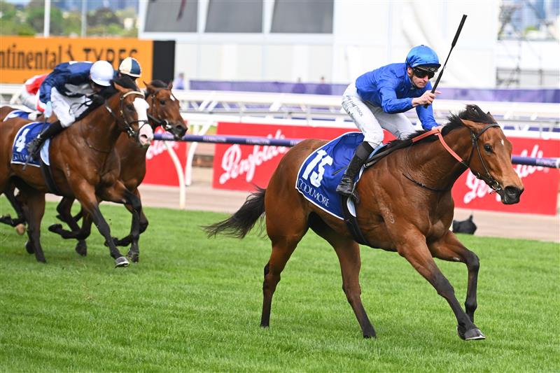 MELBOURNE, AUSTRALIA - OCTOBER 29: James McDonald riding In Secret winning Race 6, the Coolmore Stud Stakes,  during 2022 Penfolds Victoria Derby Day at Flemington Racecourse on October 29, 2022 in Melbourne, Australia. (Photo by Vince Caligiuri/Getty Images)