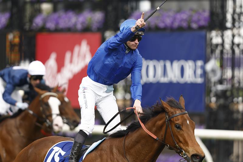 MELBOURNE, AUSTRALIA - OCTOBER 29: James McDonald rides In Secret to win 1race 6 the Coolmore Stud Stakes during 2022 Penfolds Victoria Derby Day at Flemington Racecourse on October 29, 2022 in Melbourne, Australia. (Photo by Darrian Traynor/Getty Images)