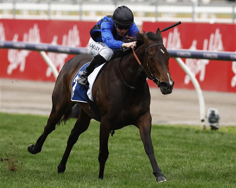 MELBOURNE, AUSTRALIA - OCTOBER 29: John Allen rides #2 Ashfoora to win race nine the Furphy Sprint during 2022 Penfolds Victoria Derby Day at Flemington Racecourse on October 29, 2022 in Melbourne, Australia. (Photo by Daniel Pockett/Getty Images)