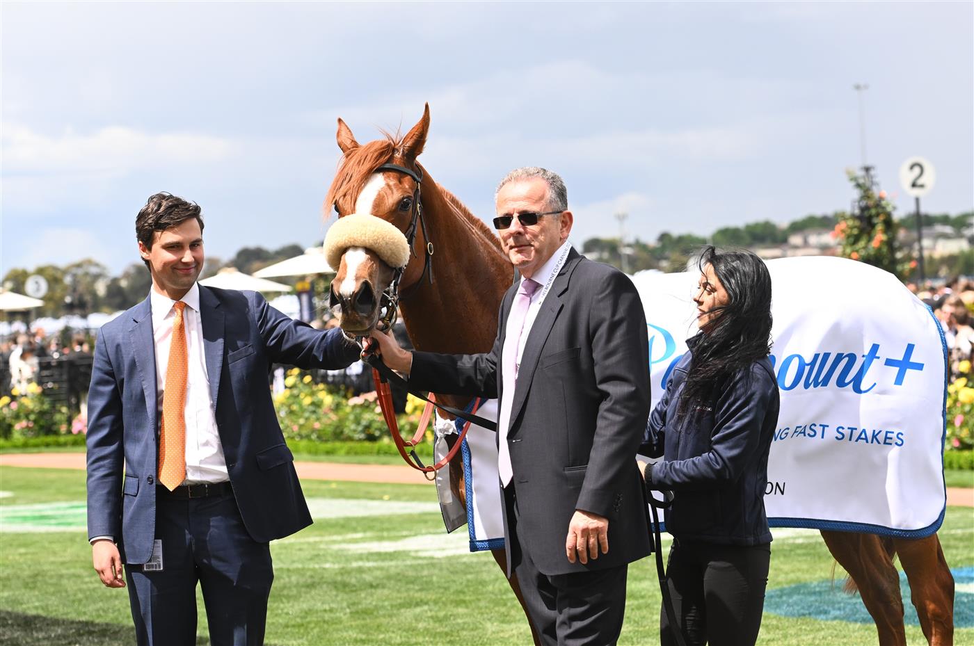 MELBOURNE, AUSTRALIA - OCTOBER 29: Trainer Sam Freedman poses with owner John Camilleri after Argentia won Race 3, the Paramount+ Rising Fast Stakes, during 2022 Penfolds Victoria Derby Day at Flemington Racecourse on October 29, 2022 in Melbourne, Australia. (Photo by Vince Caligiuri/Getty Images)