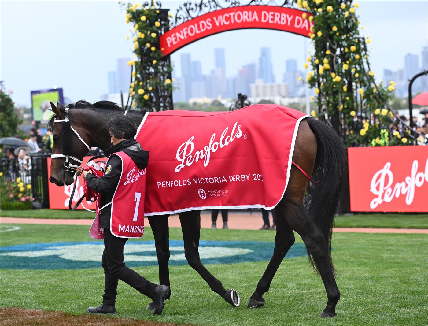 MELBOURNE, AUSTRALIA - OCTOBER 29: Manzoice after winning Race 7, the Penfolds Victoria Derby, during 2022 Penfolds Victoria Derby Day at Flemington Racecourse on October 29, 2022 in Melbourne, Australia. (Photo by Vince Caligiuri/Getty Images)