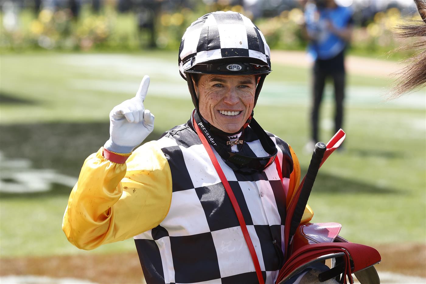 MELBOURNE, AUSTRALIA - OCTOBER 29: Craig Williams returns to scale after winning race 1 Network 10 Carbine Club Club Stakes 
on board Perfect Thought during 2022 Penfolds Victoria Derby Day at Flemington Racecourse on October 29, 2022 in Melbourne, Australia. (Photo by Darrian Traynor/Getty Images)