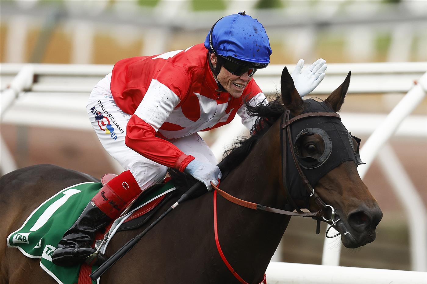 MELBOURNE, AUSTRALIA - OCTOBER 29:  Craig WIlliams rides #1 Icebath to win race eight the TAB Empire Rose Stakes during 2022 Penfolds Victoria Derby Day at Flemington Racecourse on October 29, 2022 in Melbourne, Australia. (Photo by Daniel Pockett/Getty Images)