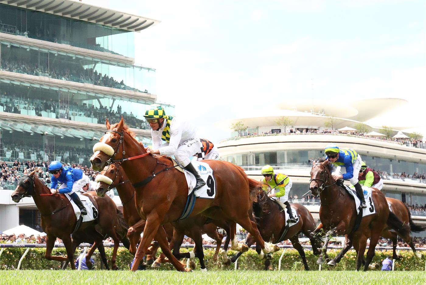 MELBOURNE, AUSTRALIA - OCTOBER 29: Damien Oliver riding #9 Argentia wins race three the Paramount+ Rising Fast Stakes during 2022 Penfolds Victoria Derby Day at Flemington Racecourse on October 29, 2022 in Melbourne, Australia. (Photo by Robert Cianflone/Getty Images)