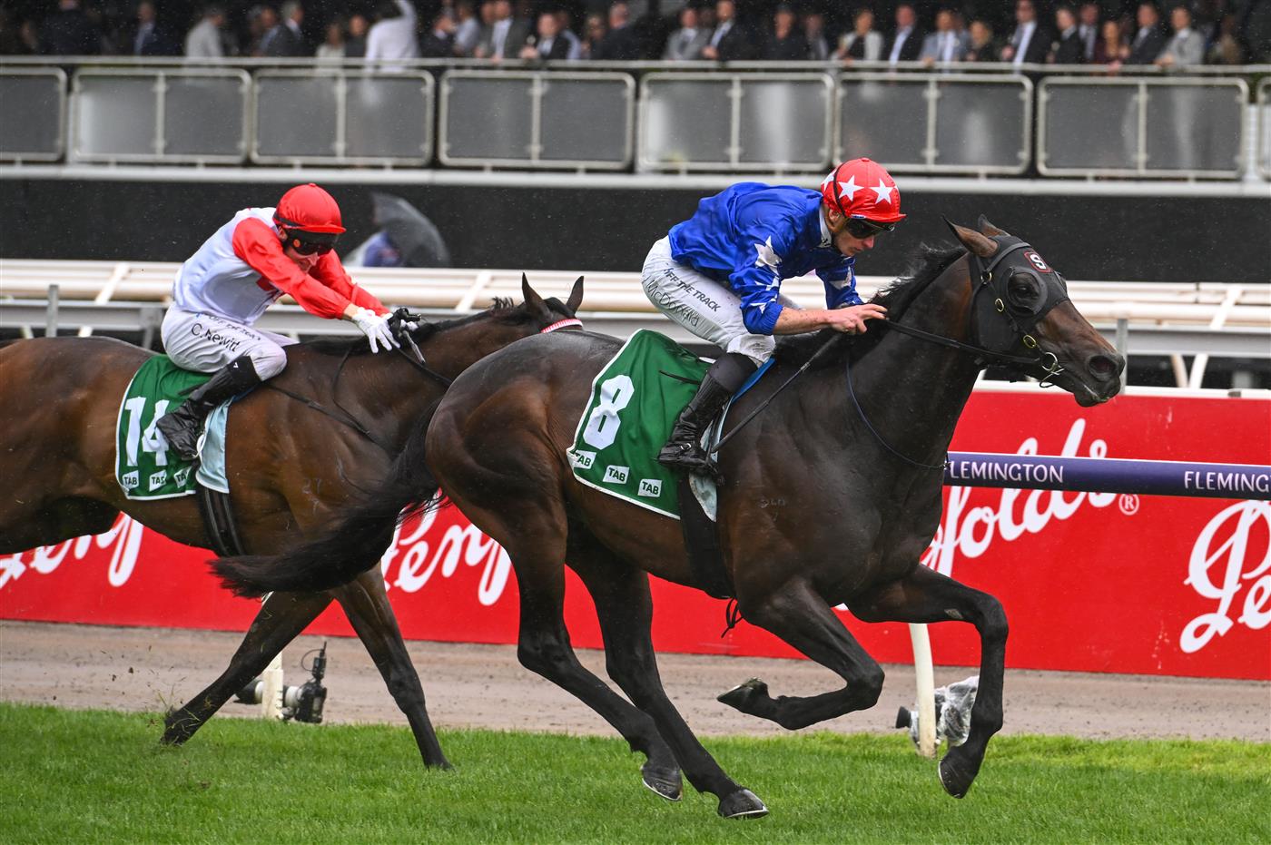 MELBOURNE, AUSTRALIA - OCTOBER 29: James McDonald riding Old Flame winning Race 5, the Tab Linlithgow Stakes,  during 2022 Penfolds Victoria Derby Day at Flemington Racecourse on October 29, 2022 in Melbourne, Australia. (Photo by Vince Caligiuri/Getty Images)