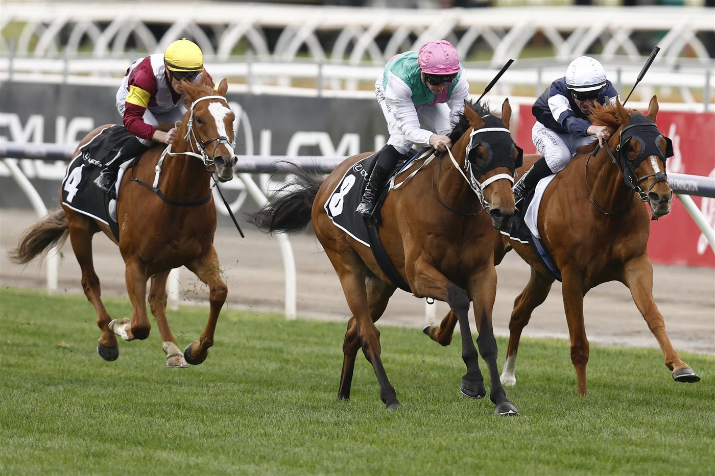MELBOURNE, AUSTRALIA - OCTOBER 29: James McDonald rides Surefire to win race 2 the Lexus Archer Stakes during 2022 Penfolds Victoria Derby Day at Flemington Racecourse on October 29, 2022 in Melbourne, Australia. (Photo by Darrian Traynor/Getty Images)