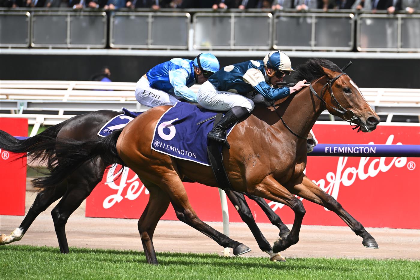 MELBOURNE, AUSTRALIA - OCTOBER 29: James McDonald riding Zennzella winning Race 4, the Racing And Sports Wakeful Stakes, during 2022 Penfolds Victoria Derby Day at Flemington Racecourse on October 29, 2022 in Melbourne, Australia. (Photo by Vince Caligiuri/Getty Images)