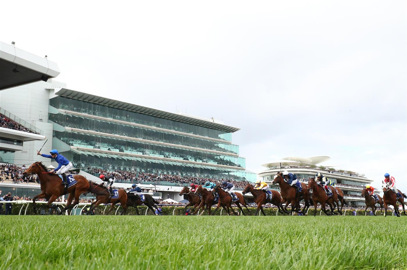 MELBOURNE, AUSTRALIA - OCTOBER 29: James McDonald rides #15 In Secret to win race six the Coolmore Stud Stakes during 2022 Penfolds Victoria Derby Day at Flemington Racecourse on October 29, 2022 in Melbourne, Australia. (Photo by Robert Cianflone/Getty Images)