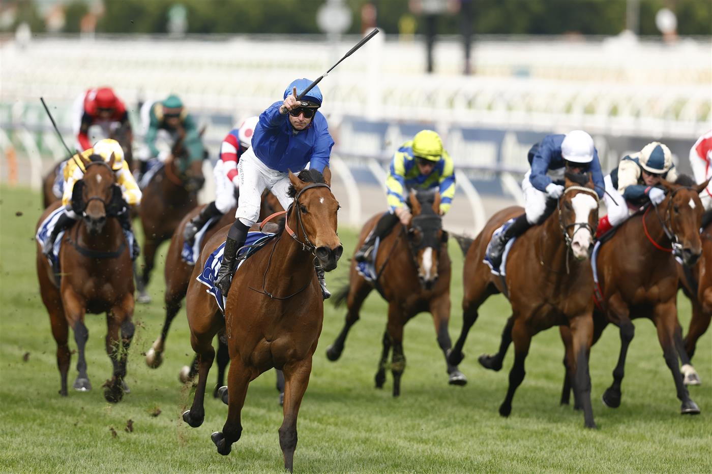 MELBOURNE, AUSTRALIA - OCTOBER 29: James McDonald rides In Secret to win 1race 6 the Coolmore Stud Stakes during 2022 Penfolds Victoria Derby Day at Flemington Racecourse on October 29, 2022 in Melbourne, Australia. (Photo by Darrian Traynor/Getty Images)