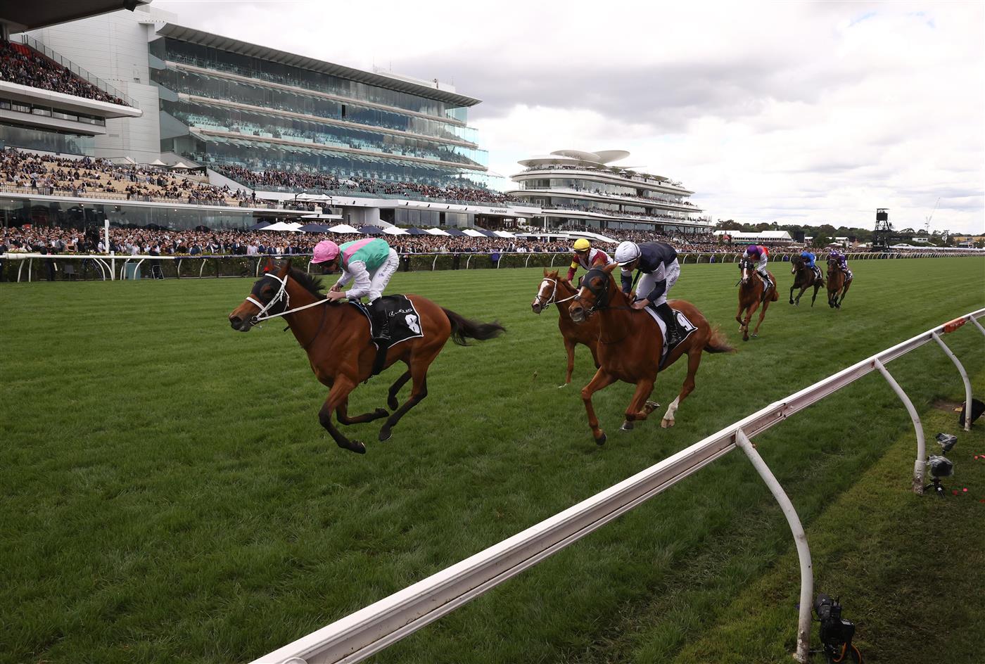 MELBOURNE, AUSTRALIA - OCTOBER 29: James McDonald riding #8 Surefire wins race two the Lexus Archer Stakes during 2022 Penfolds Victoria Derby Day at Flemington Racecourse on October 29, 2022 in Melbourne, Australia. (Photo by Robert Cianflone/Getty Images)