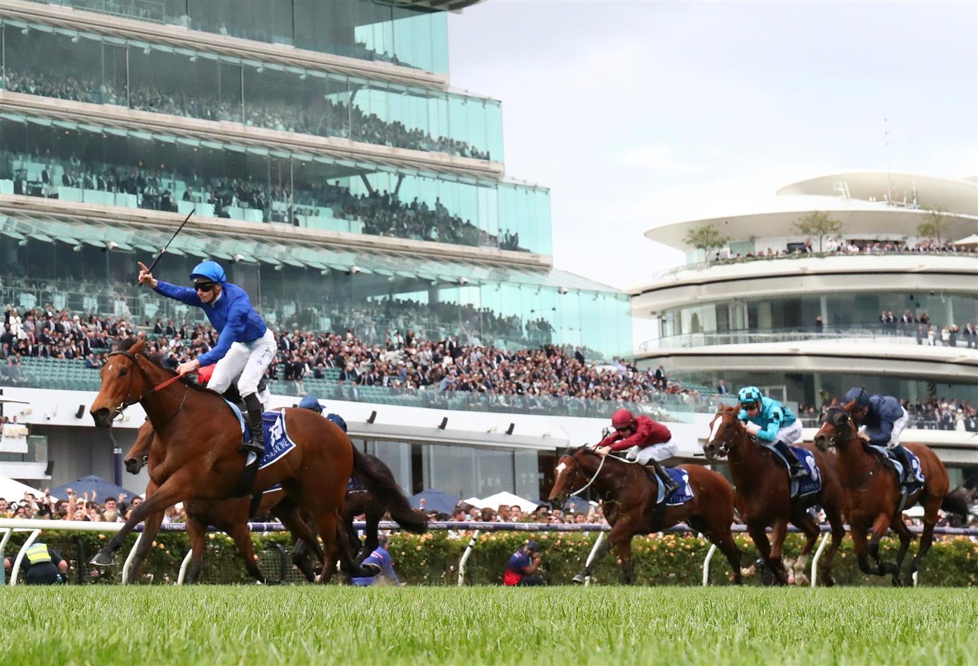MELBOURNE, AUSTRALIA - OCTOBER 29: James McDonald rides #15 In Secret to win race six the Coolmore Stud Stakes during 2022 Penfolds Victoria Derby Day at Flemington Racecourse on October 29, 2022 in Melbourne, Australia. (Photo by Robert Cianflone/Getty Images)