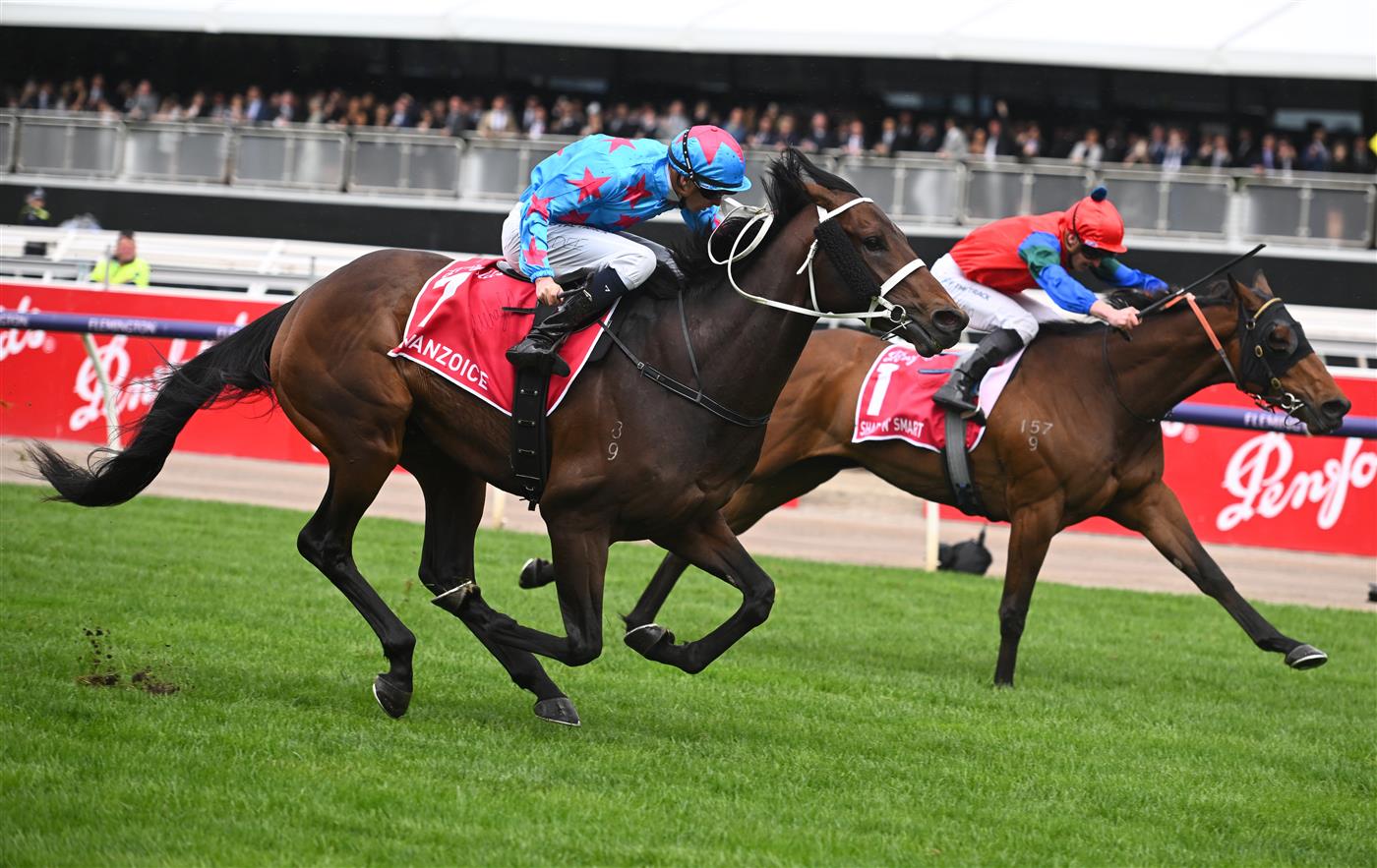 MELBOURNE, AUSTRALIA - OCTOBER 29: Michael Dee riding Manzoice winning Race 7, the Penfolds Victoria Derby, during 2022 Penfolds Victoria Derby Day at Flemington Racecourse on October 29, 2022 in Melbourne, Australia. (Photo by Vince Caligiuri/Getty Images)