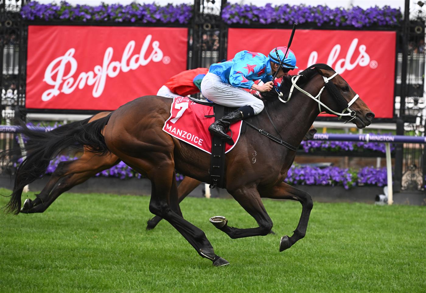 MELBOURNE, AUSTRALIA - OCTOBER 29: Michael Dee riding Manzoice winning Race 7, the Penfolds Victoria Derby, during 2022 Penfolds Victoria Derby Day at Flemington Racecourse on October 29, 2022 in Melbourne, Australia. (Photo by Vince Caligiuri/Getty Images)