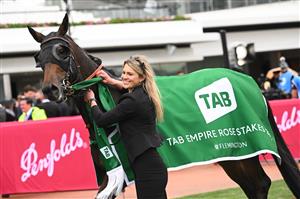 MELBOURNE, AUSTRALIA - OCTOBER 29:  Icebath after winning Race 8, the Tab Empire Rose Stakes, during 2022 Penfolds Victoria Derby Day at Flemington Racecourse on October 29, 2022 in Melbourne, Australia. (Photo by Vince Caligiuri/Getty Images)