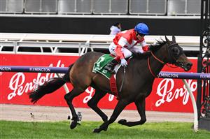 MELBOURNE, AUSTRALIA - OCTOBER 29: Craig Williams riding Icebath winning Race 8, the Tab Empire Rose Stakes, during 2022 Penfolds Victoria Derby Day at Flemington Racecourse on October 29, 2022 in Melbourne, Australia. (Photo by Vince Caligiuri/Getty Images)