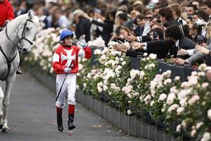 MELBOURNE, AUSTRALIA - OCTOBER 29:  Craig WIlliams returns to scale after riding #1 Icebath to win race eight the TAB Empire Rose Stakes during 2022 Penfolds Victoria Derby Day at Flemington Racecourse on October 29, 2022 in Melbourne, Australia. (Photo by Daniel Pockett/Getty Images)