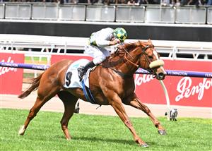 MELBOURNE, AUSTRALIA - OCTOBER 29: Damien Oliver riding Argentia winning Race 3, the Paramount+ Rising Fast Stakes, during 2022 Penfolds Victoria Derby Day at Flemington Racecourse on October 29, 2022 in Melbourne, Australia. (Photo by Vince Caligiuri/Getty Images)