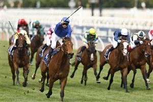 MELBOURNE, AUSTRALIA - OCTOBER 29: James McDonald rides In Secret to win 1race 6 the Coolmore Stud Stakes during 2022 Penfolds Victoria Derby Day at Flemington Racecourse on October 29, 2022 in Melbourne, Australia. (Photo by Darrian Traynor/Getty Images)