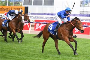 MELBOURNE, AUSTRALIA - OCTOBER 29: James McDonald riding In Secret winning Race 6, the Coolmore Stud Stakes,  during 2022 Penfolds Victoria Derby Day at Flemington Racecourse on October 29, 2022 in Melbourne, Australia. (Photo by Vince Caligiuri/Getty Images)