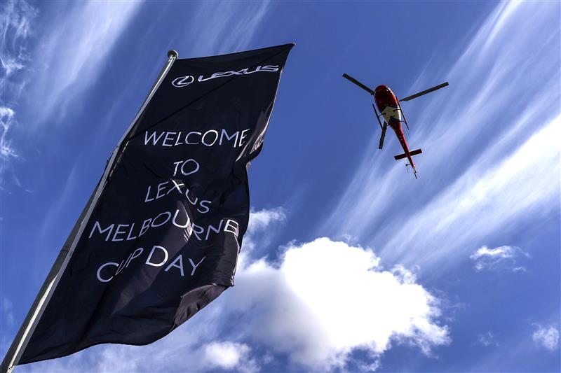 MELBOURNE, AUSTRALIA - NOVEMBER 01: Racegoers arrive by helicopter during 2022 Melbourne Cup Day at Flemington Racecourse on November 1, 2022 in Melbourne, Australia. (Photo by Martin Keep/Getty Images for VRC)