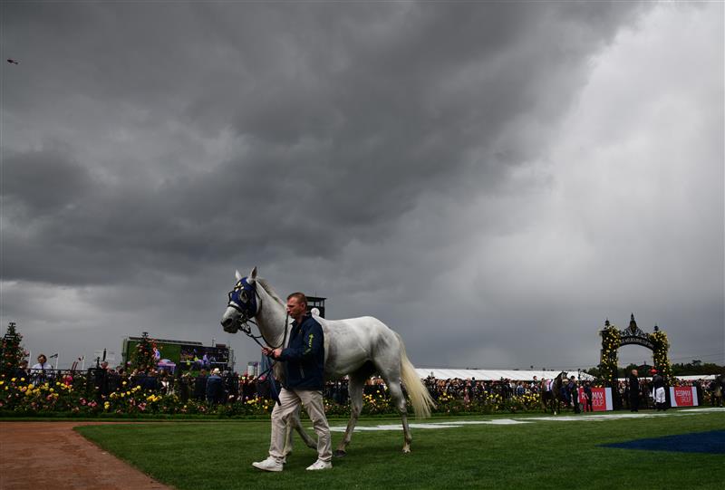 MELBOURNE, AUSTRALIA - NOVEMBER 01: General view of wet conditions after Race 3, the Resimax Group Subzero Handicap, during 2022 Lexus Melbourne Cup Day at Flemington Racecourse on November 01, 2022 in Melbourne, Australia. (Photo by Vince Caligiuri/Getty Images)