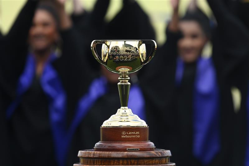 MELBOURNE, AUSTRALIA - NOVEMBER 01: The 2022 Lexus Melbourne Cup is on display ahead of race seven, the Lexus Melbourne Cup during 2022 Melbourne Cup Day at Flemington Racecourse on November 01, 2022 in Melbourne, Australia. (Photo by Quinn Rooney/Getty Images)