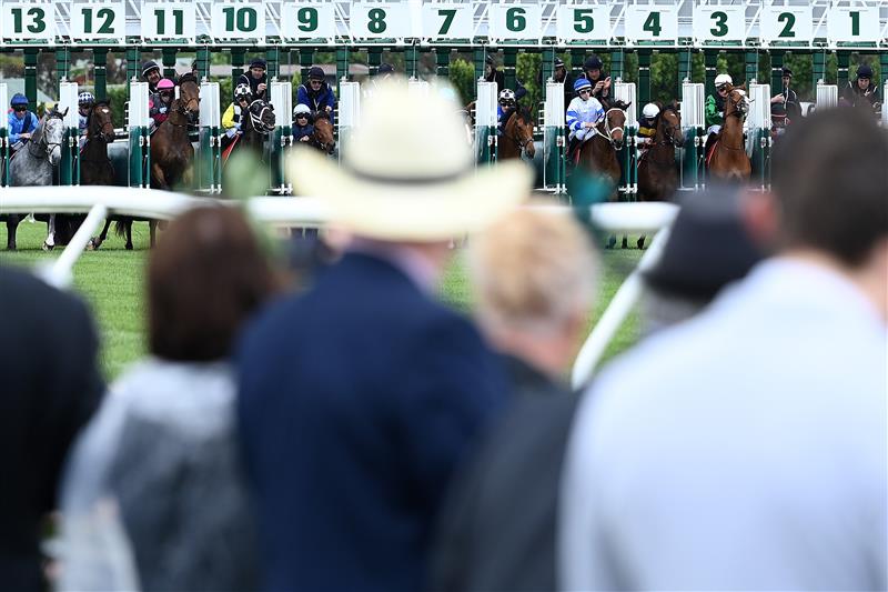 MELBOURNE, AUSTRALIA - NOVEMBER 01: The horses come out of the barriers in Race 2, The Macca's Run during 2022 Lexus Melbourne Cup Day at Flemington Racecourse on November 01, 2022 in Melbourne, Australia. (Photo by Robert Cianflone/Getty Images)