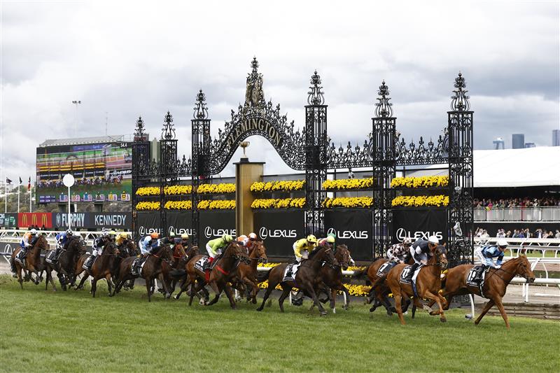 MELBOURNE, AUSTRALIA - NOVEMBER 01: The field runs past the post for the first time in race 7 the Lexus Melbourne Cup during 2022 Melbourne Cup Day at Flemington Racecourse on November 01, 2022 in Melbourne, Australia. (Photo by Darrian Traynor/Getty Images)