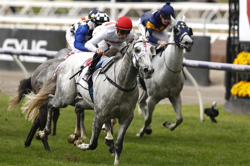 MELBOURNE, AUSTRALIA - NOVEMBER 01: Blake Shinn rides Love Tap to win race 3 the Resimax Group Subzero Handicap during 2022 Melbourne Cup Day at Flemington Racecourse on November 01, 2022 in Melbourne, Australia. (Photo by Darrian Traynor/Getty Images)