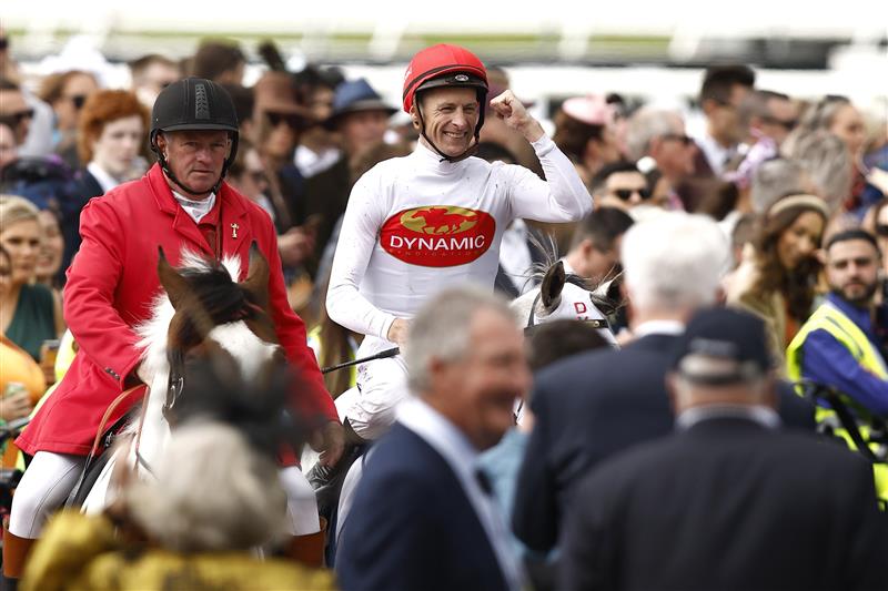 MELBOURNE, AUSTRALIA - NOVEMBER 01: Blake Shinn returns to scale on Love Tap after winning race 3 the Resimax Group Subzero Handicap during 2022 Melbourne Cup Day at Flemington Racecourse on November 01, 2022 in Melbourne, Australia. (Photo by Darrian Traynor/Getty Images)