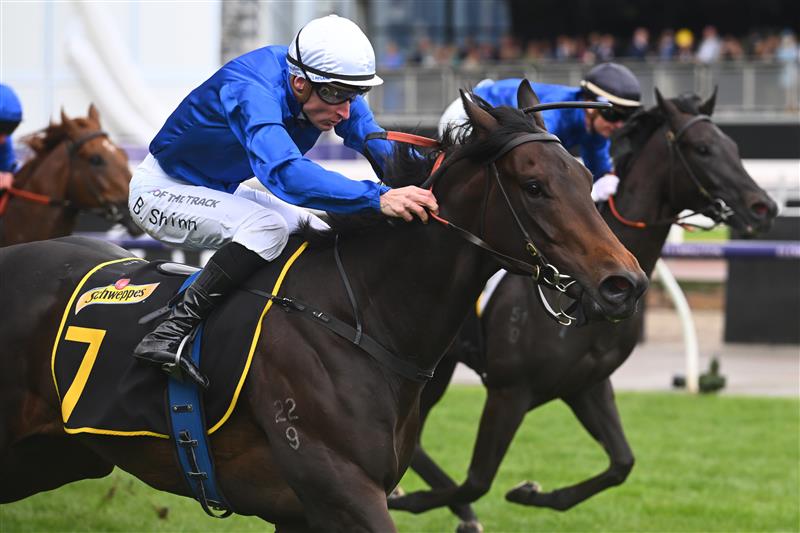 MELBOURNE, AUSTRALIA - NOVEMBER 01: Blake Shinn riding Renosu winning Race 5, the The Schweppervescence Plate, during 2022 Lexus Melbourne Cup Day at Flemington Racecourse on November 01, 2022 in Melbourne, Australia. (Photo by Vince Caligiuri/Getty Images)