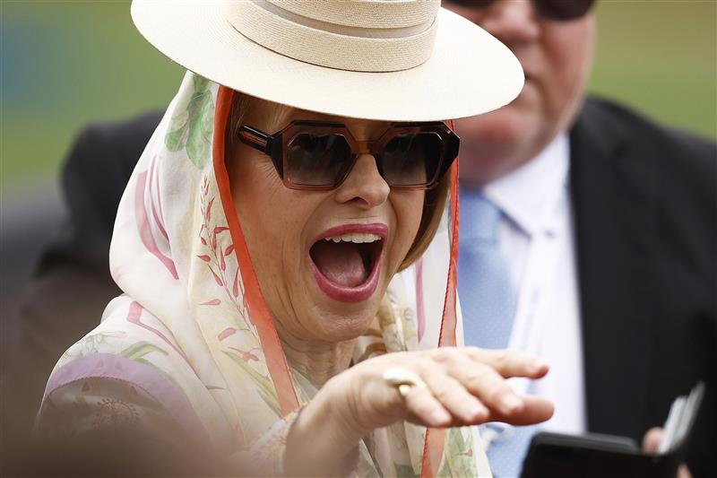 MELBOURNE, AUSTRALIA - NOVEMBER 01: Gai Waterhouse gestures during 2022 Lexus Melbourne Cup Day at Flemington Racecourse on November 01, 2022 in Melbourne, Australia. (Photo by Daniel Pockett/Getty Images)