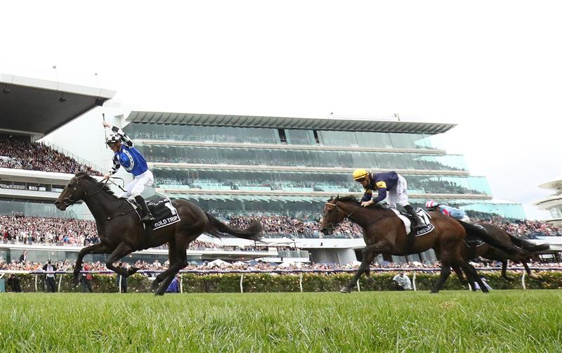 MELBOURNE, AUSTRALIA - NOVEMBER 01: Mark Zahra rides #1 Gold Trip to win race seven the Lexus Melbourne Cup during 2022 Lexus Melbourne Cup Day at Flemington Racecourse on November 01, 2022 in Melbourne, Australia. (Photo by Robert Cianflone/Getty Images)